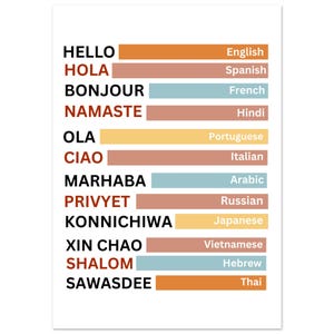 May include: A white poster featuring a list of greetings in various languages including HELLO, HOLA, BONJOUR, NAMASTE, OLA, CIAO, MARHABA, PRIVYET, KONNICHIWA, XIN CHAO, SHALOM, and SAWASDEE, each paired with a colored horizontal bar and the language name.