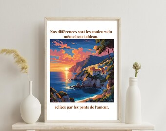 Dramatic Sunset Seascape Art Print: Bridges of Love Quote (Digital Download