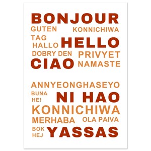 May include: A white poster with the word "HELLO" in large, burnt orange letters. Other greetings in various languages, such as "BONJOUR", "CIAO", and "NI HAO", are also displayed in burnt orange.