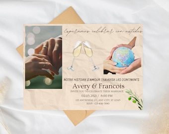 Multilingual Wedding Invitation Template, International Couple | Digital Download | French Spanish English | Editable