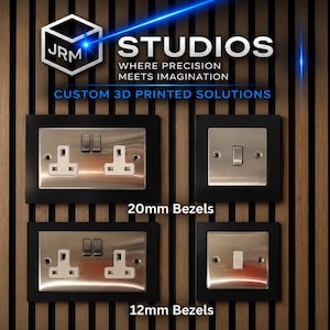 May include: A display of electrical wall plates with metallic finishes and black frames. The text reads JRM STUDIOS WHERE PRECISION MEETS IMAGINATION CUSTOM 3D PRINTED SOLUTIONS. Two rows show 20mm Bezels and 12mm Bezels for double sockets and light switches.