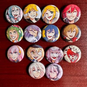 May include: A set of 15 round anime character buttons. The buttons feature various characters with different hair colors, eye colors, and expressions. The buttons are all in a circle shape and have a white background.