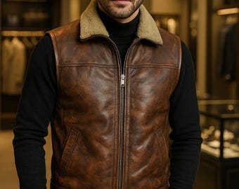 Shearling Vest Men&#39;s Brown Premium Sheepskin Leather &  Real Shearling Fur Gilet Vest Luxury Genuine Shearling vest Gift For Him