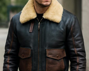 Men&#39;s Aviator Brown B3 Real Shearling Sheepskin Leather Bomber Flying Fur Jacket