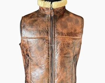 Shearling Vest Men&#39;s Brown Premium Sheepskin Leather &  Real Shearling Fur Gilet Vest Luxury Genuine Shearling vest Gift For Him