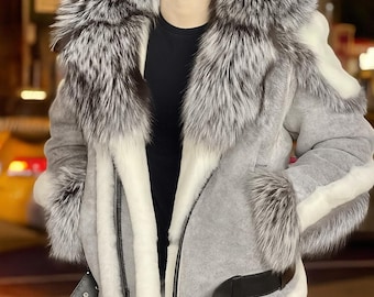Shearling Jacket Men&#39;s Aviator white B3 Real Shearling Sheepskin real Fox Fur hooded Leather Bomber Flying Fur Jacket