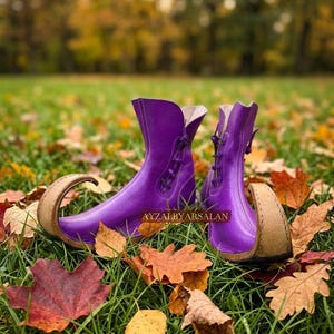 May include: A pair of vibrant purple leather boots featuring an elongated, upward-curving toe and a lace-up closure along the side. The boots have a tan-colored sole and heel edge, with the text AYZALBYARSALAN printed on the side of the footwear.