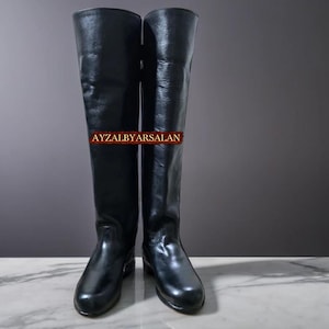 Handgefertigte Schwarze Leder Knie Stiefel: Unisex Biker Reitstiefel