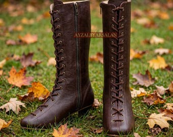 Vintage Style Brown Leather Victorian Boots, Mid Calf Lace Up Kitten Heels, Regency Period Dress Shoes, Retro Aesthetic Women Party Boots