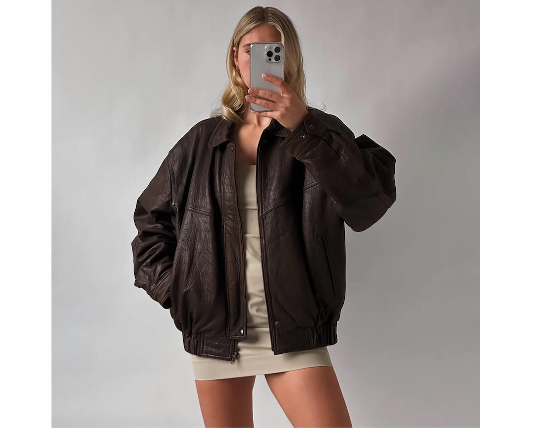 Women's Handmade Oversize Bomber Lambskin Casual Wear Soft Brown