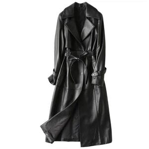 Women’s Handmade Winter Long Coat Lambskin Black Leather Trench Coat/Overcoat
