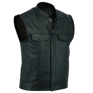 May include: A black leather motorcycle vest with a zipper closure and multiple pockets.