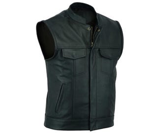 Mens Motorcycle SOA Full Grain Cut off Real Leather Waistcoat Vest