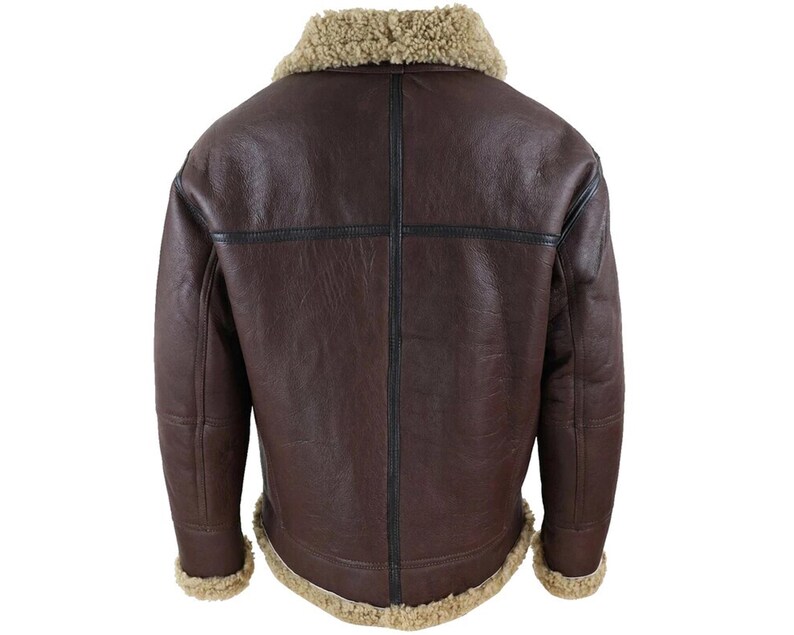 May include: A brown leather jacket with a shearling collar and lining. The jacket has a classic design with a dark brown exterior and tan shearling trim around the collar, cuffs, and hem. Black stitching details are visible on the back.
