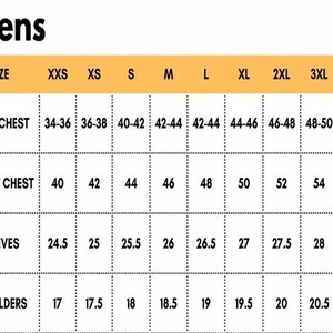 May include: A size chart for men's clothing, with measurements for body chest, jacket chest, sleeves, and shoulders. Sizes range from XXS to 4XL, with measurements in inches.