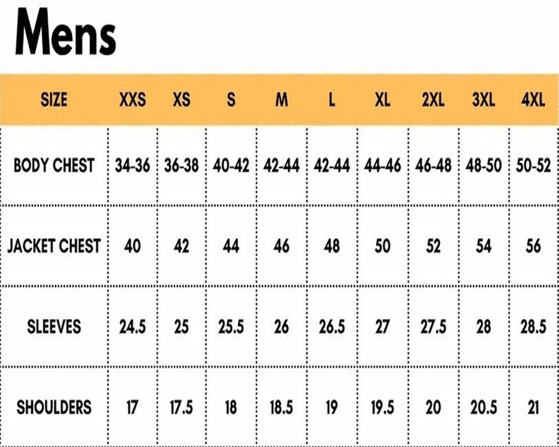May include: A size chart for men's clothing, with measurements for body chest, jacket chest, sleeves, and shoulders. Sizes range from XXS to 4XL, with measurements in inches.