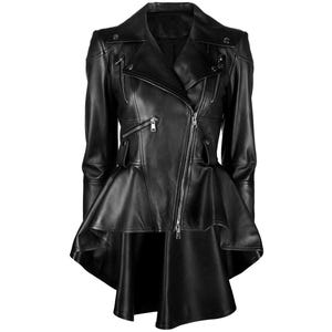 Veste en cuir noire à basque élégante et tendance en cuir d'agneau pour femme
