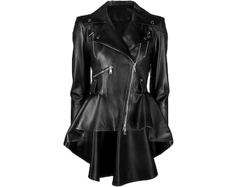 Women's Handmade Stylish Peplum Fashionable Lambskin Black Leather Jacket
