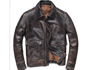 Men’s Handmade A2 Aviator Pilot Flight Air Force Distressed Brown Bomber Leather Jacket