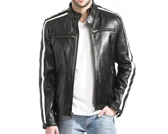 Men’s Handmade RE 3 Resident Evil 3 Leon Scott Kennedy White Striped Biker Black Leather Jacket