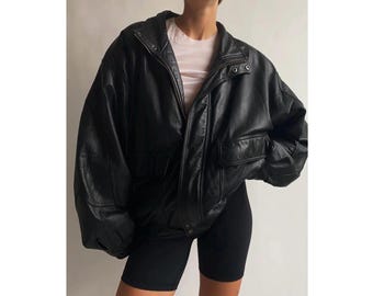 Women’s Handmade Oversized Straight Cut Sheepskin Ladies Black Premium Leather Bomber jacket