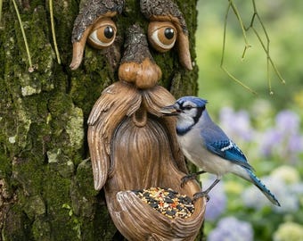 Tree Face Garden Decor, Polyresin Bird Feeder, Tree Hugger Yard Art, Old Man Outdoor Sculpture, Hand Painted Whimsical Lawn Ornament