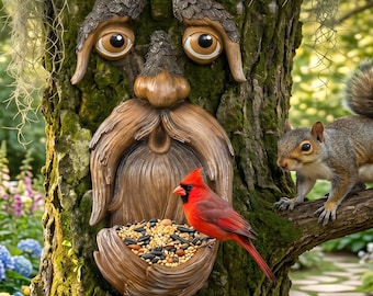 Tree Face Garden Decor, Polyresin Bird Feeder, Tree Hugger Yard Art, Old Man Outdoor Sculpture, Hand Painted Whimsical Lawn Ornament