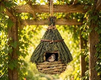 Boho Woven Birdhouse Hanging Outdoor Bird House Natural Grass Nest for Small Birds Rustic Garden Decor Eco Friendly Bird Shelter