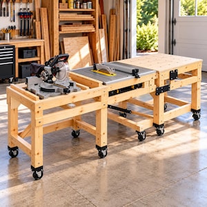Murphy Workbench Plan, DIY Folding Workbench with Miter Saw Station & Table Saw, Fold Up Rolling Workbench PDF, Garage Woodworking