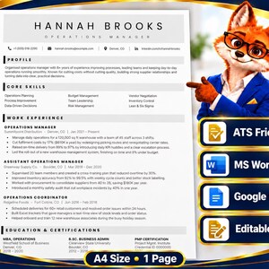 May include: A resume template for an Operations Manager named Hannah Brooks, featuring sections for profile, core skills, work experience, and education. An illustrated fox in a blue blazer points to four gold-bordered buttons labeled ATS Friendly, MS Word, Google Docs, and Editable File.