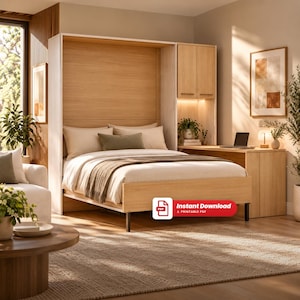 Puede incluir: Una cama abatible de madera clara con escritorio integrado, armarios superiores y estructura de cama con ropa de cama blanca y una manta. Se ve un icono gráfico rojo con el texto Instant Download y A PRINTABLE PDF.