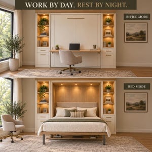 May include: A convertible wall bed unit featuring a fold-down desk in office mode and a bed with white bedding in bed mode. The unit includes integrated shelving with warm lighting, drawers, and a light-colored office chair.
