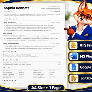 May include: A professional resume template for a data analyst named Sophia Bennett, featuring sections for experience, education, and skills. An animated fox character in a blue blazer points to four gold-bordered buttons labeled ATS Friendly, MS Word, Google Docs, and Editable File.