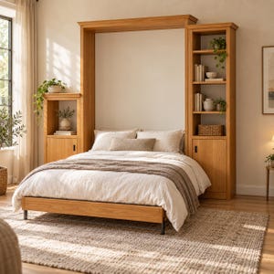 May include: A light oak wood wall bed unit featuring a central sleeping area with a white duvet and a brown throw blanket, flanked by two tall shelving towers with open display shelves and lower cabinets with black hardware handles.