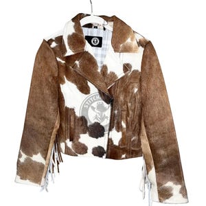 Genuine Handmade Cowhide Hair-On Fringe Leather Jacket – Unisex Western Brown & White Biker Coat, Cowhide Rodeo and Festival Wear