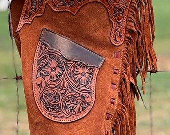 Handmade Tooled Suede Leather Chinks: Western Rodeo Horse Riding Chaps