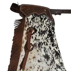 Custom Hair-On Cowhide Leather Chaps | Western Riding Chaps | Handmade Ranch Rodeo Trail Riding Gear for Cowboy & Cowgirl
