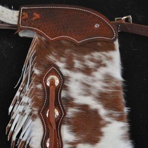 Premium Hand-tooled Hair-On Western Cowhide Chaps – Real Leather Fringe Cowboy Chinks for Rodeo, Ranch, Horseback Riding&quot;