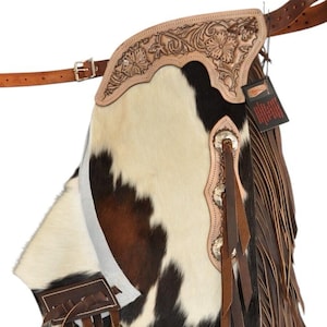 Premium Hand-tooled Hair-On Western Cowhide Chaps – Real Leather Fringe Cowboy Chinks for Rodeo, Ranch, Horseback Riding&quot;