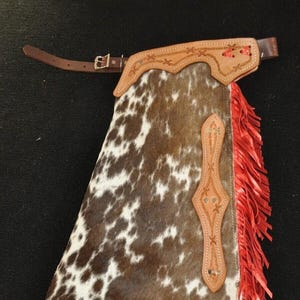 Custom Hair-On Cowhide Leather Chinks | Western Riding Chaps | Handmade Ranch Rodeo Trail Riding Gear for Cowboy & Cowgirl