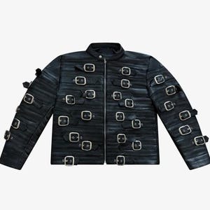 Tethered Belt Jacket – Black Leather Buckle Strap Coat – Gothic Steampunk Fashion – Unisex Festival Outfit – Punk Streetwear