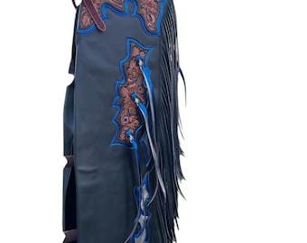 Hand-Tooled Leather Rodeo Chaps: Blue Accents, Floral Design, Western Style