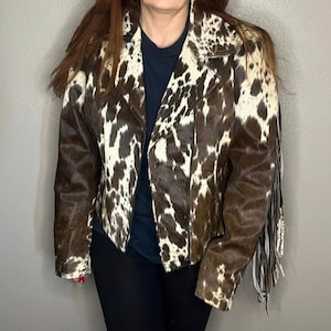 Genuine Handmade Cowhide Hair-On Fringe Leather Jacket – Unisex Western Brown & White Biker Coat, Cowhide Rodeo and Festival Wear