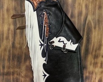 Hand-Tooled Leather Batwing Rodeo Chaps, Custom Fringe, Western Show Wear