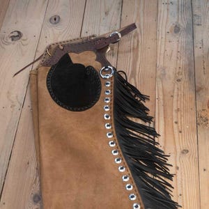 Handmade Leather Chaps with Fringe – Western Rodeo Cowboy Chaps, Suede Buckaroo Ranch Wear, Custom Horse Riding Gear