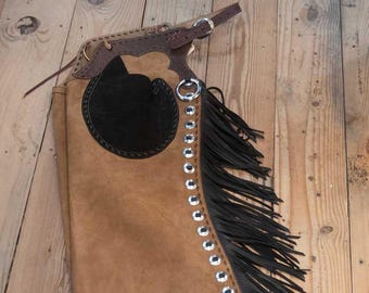 Handgemaakte chaps van suède met franje: western rodeo-cowboyuitrusting