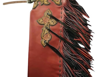 Hand-Tooled Leather Rodeo Chaps: Western Batwing Fringe Design