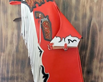Western Hand-Tooled Leather Rodeo Chaps – Fringe Cowboy Competition Wear