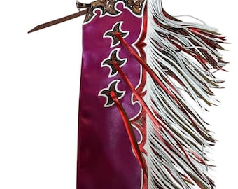 Hand-Tooled Pink Leather Rodeo Chaps: Western Red & White Fringe
