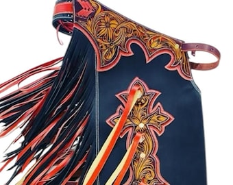 Hand-Tooled Leather Rodeo Chaps: Western Cowboy Gear with Fringe